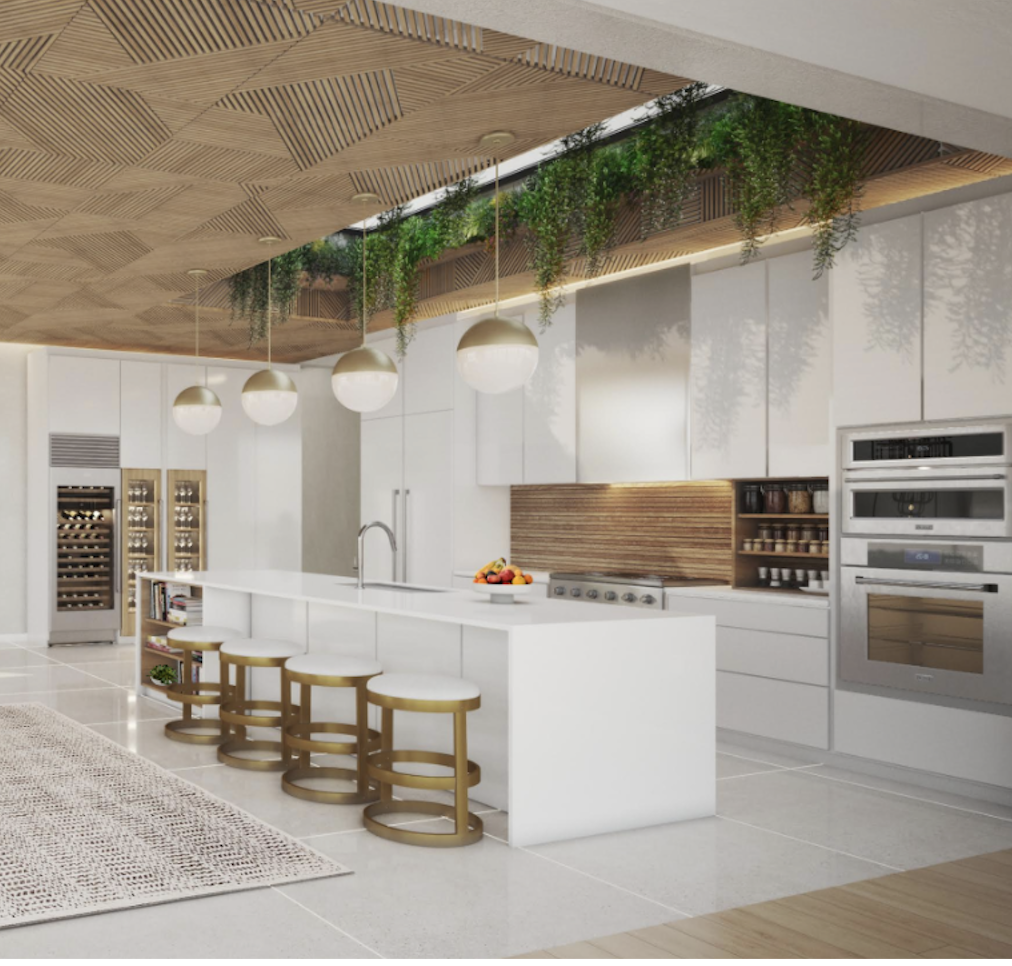 Miami Beach kitchen with white island, wood ceiling and herb canopy