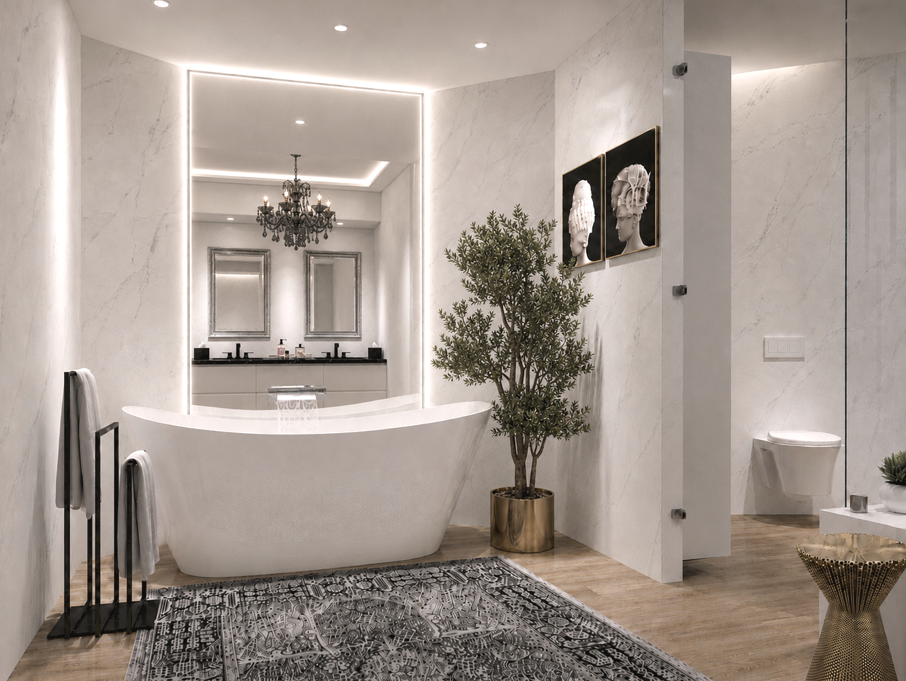 Portofino Towers bathroom with freestanding tub and porcelain walls